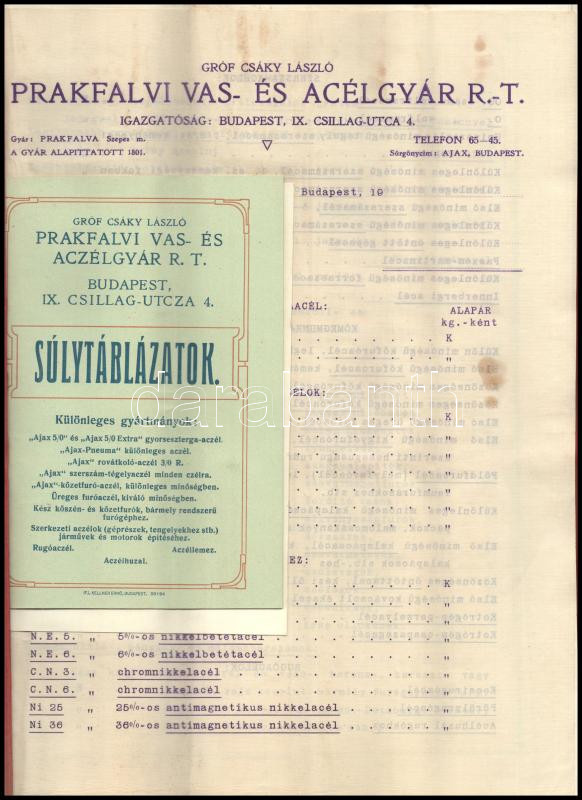 1911 Bp., Gróf Csáky László Prakfalvi Vas- és Acélgyár Rt. súlytáblázat, árjegyzék, stb. - Image 2