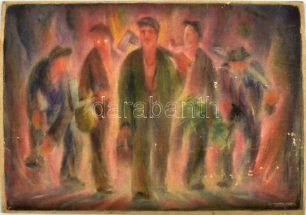 tolcsvai Nagy jelzéssel: Munkások (szocreál mű). Akvarell, karton. Kis felületi sérülésekkel, a karton hátoldalán ázásnyomokkal, 28,5x40,5 cm