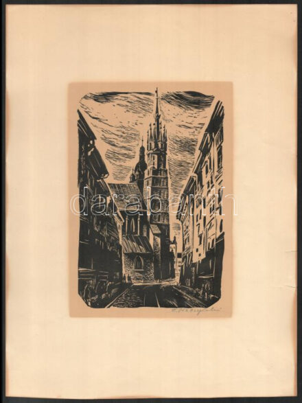 Stanislaw Raczynski (1890-1955): Krakkó (Kraków), 2 db linómetszet, papír, jelzettek, az egyiken kis lapszéli szakadásokkal, 23x16 cm (lapméret: 39x29 cm)