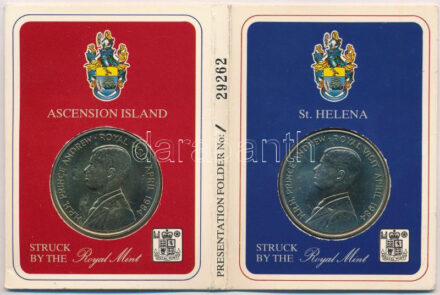 Ascension-sziget 1984. 50p Cu-Ni 'András herceg látogatása' + Szent Ilona 1984. 50p Cu-Ni 'András herceg látogatása'. A két érme közös, sorszámozott '29262' karton dísztokban T:1 díszlapon a ragasztás elengedett Ascension Island
