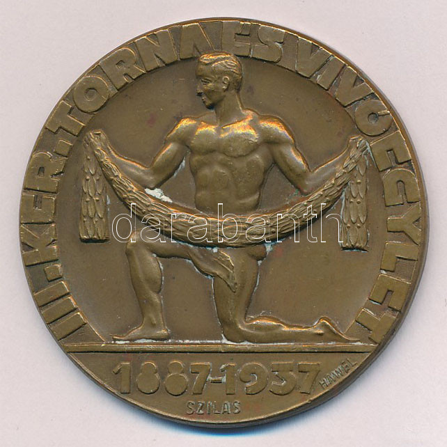 1937. 'III. Kerület Torna és Vívó Egylet 1887-1937' egyoldalas bronz emlékérem 'HAWEL' gyártói jelzéssel. Szign.: Szilas (50mm) T:1- patina