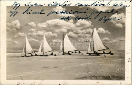 1940 Balaton, téli sport a befagyott tó jegén, jégvitorlázás (lyukak / pinholes)