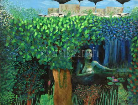 Jelzés nélkül: Megzavart szépség .Olaj, fa. Apró felületi karcolásokkal. 49,5x67 cm