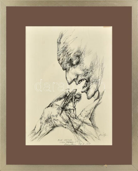 Károlyi András (1938-): Mivé váltunk isten gyermekei? Tus, papír. Dekoratív, üvegezett, kissé sérült fakeretben. 45x33 cm