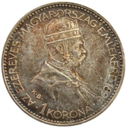 1896KB 1K Ag 'Millenium' eredeti, festett betűs barna 'Millenniumi Koronaérem - 1896' díszdobozban T:1- patina / Hungary 1896KB 1 Korona Ag 'Millennium' in original, brown case with painted letters C:AU patina Adamo K5.2