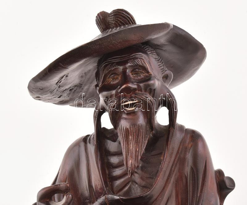 Öreg halász, vietnámi faragott ébenfa szobor, jelzés nélkül, középen sérült, repedéssel, m: 22 cm - Image 2