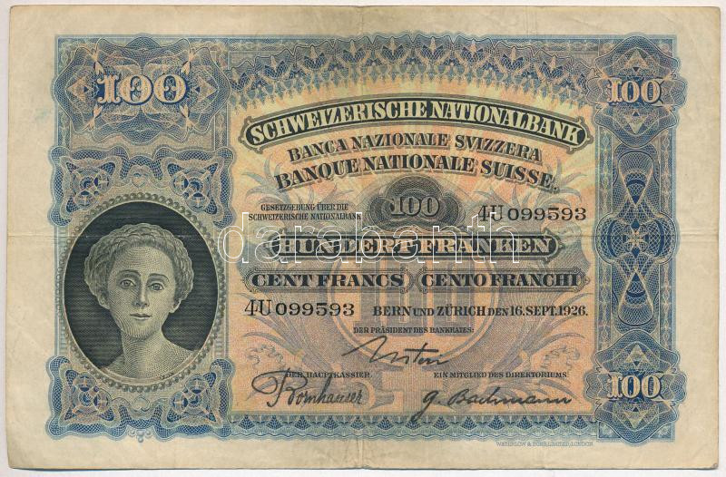 Svájc 1926. 100Fr '4U 099593' T:III Switzerland 1926. 100 Franken '4U 099593' C:F Krause 35.