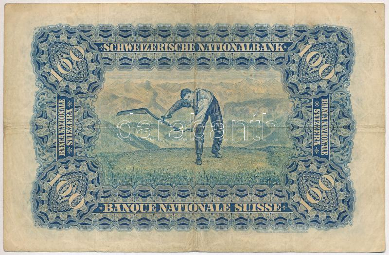 Svájc 1926. 100Fr '4U 099593' T:III Switzerland 1926. 100 Franken '4U 099593' C:F Krause 35. - Image 2