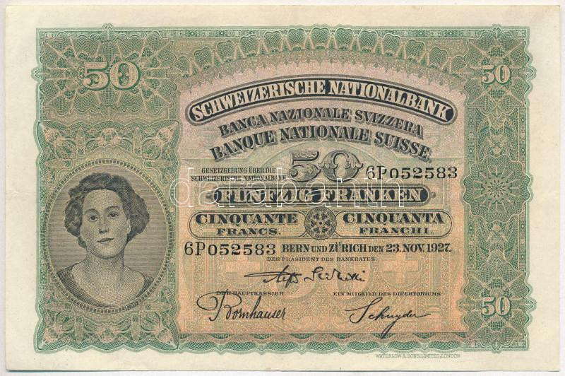 Svájc 1927. 50Fr '6P 052583' T:III szép papír Switzerland 1927. 50 Francs '6P 052583' C:F fine paper Krause 34c