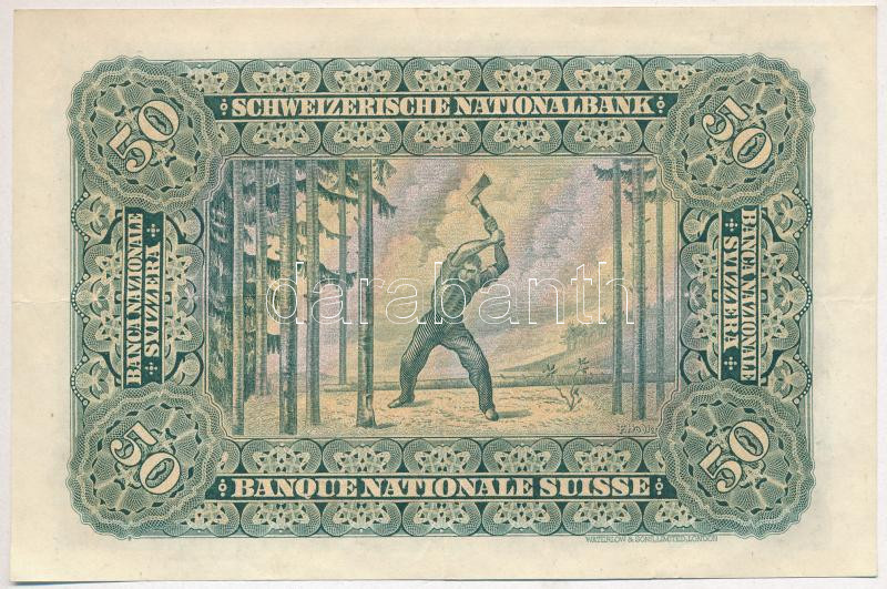 Svájc 1927. 50Fr '6P 052583' T:III szép papír Switzerland 1927. 50 Francs '6P 052583' C:F fine paper Krause 34c - Image 2