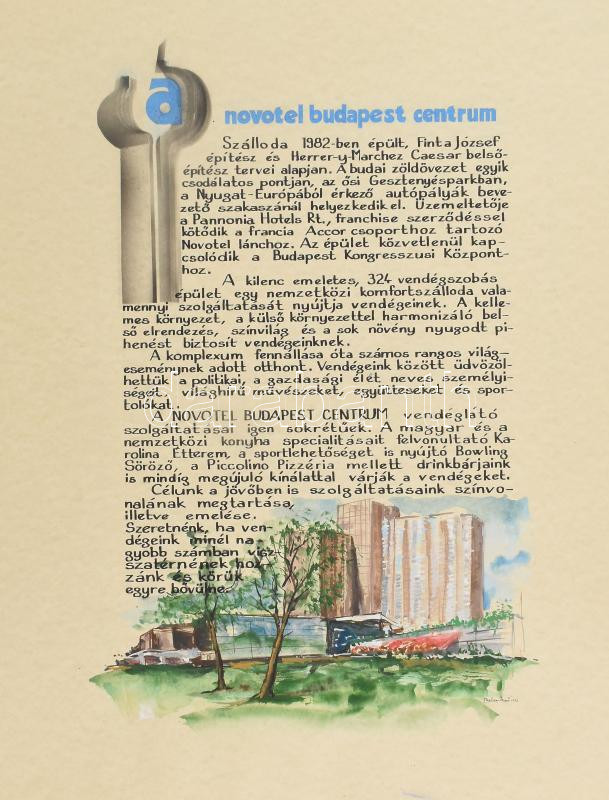 1993 Novotel Budapest Centrum, kézzel festett, cégismertető reklámterv, lap széle lyukasztott, 47×38 cm