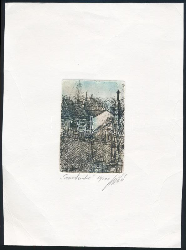 Olvashatatlan jelzéssel: Szentendre. Színezett rézkarc (19/100), papír, gyűrődésekkel, jelzett, 8,5x5,5cm