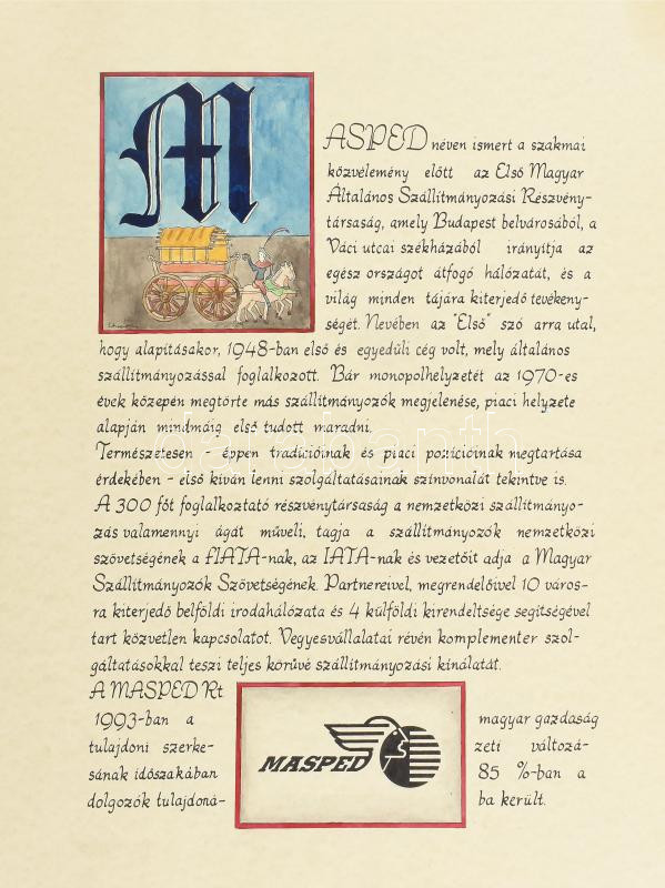 1993 MASPED, kézzel festett, cégismertető reklámterv, lap széle lyukasztott, 47×38 cm