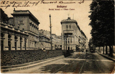 1913 Budapest I. Budai Korzó, Lánchíd utca, Hotel Fiume szálloda (háborúban megsemmisült), 43-as villamos + 'TESÖLD P.U. POSTAI ÜGYN' (EK)