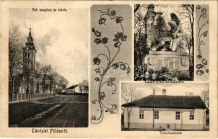 1927 Földes, református templom és iskola, takarékpénztár, elesett hősök emlékszobor. Falus felvétele, Art Nouveau, floral (fl)