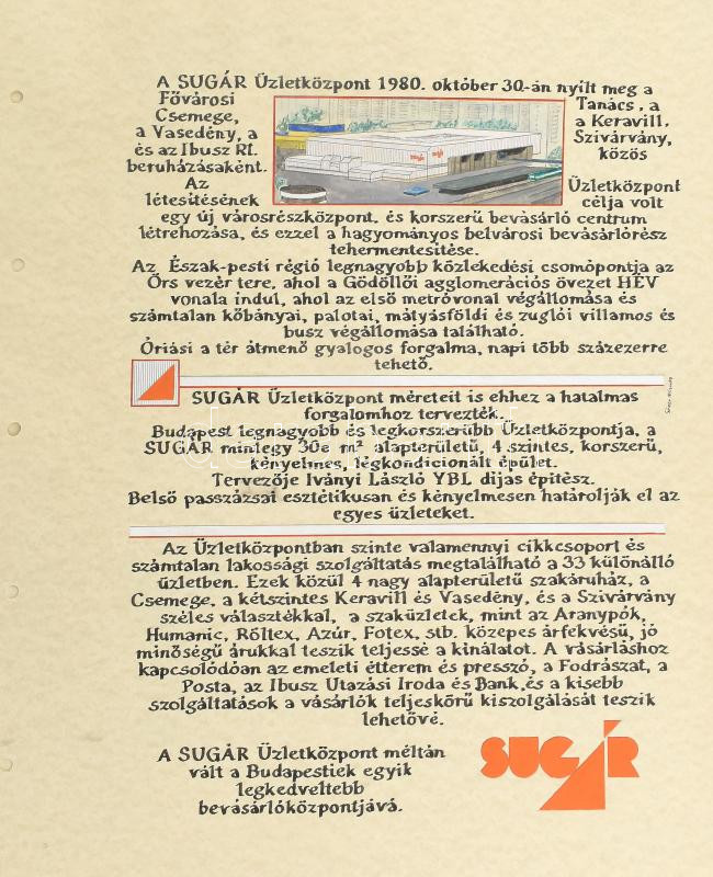 1995 Sugár Üzletközpont, kézzel festett, cégismertető reklámterv, lap széle lyukasztott, 47×38 cm