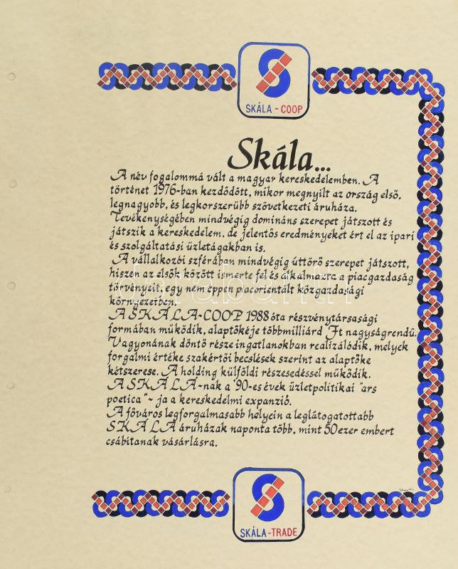 1995 Skála, kézzel festett, cégismertető reklámterv, lap széle lyukasztott, 47×38 cm