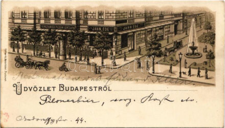 Budapest VI. Jahn Ede vendéglője, étterem, Terézvárosi Pilseni Sörcsarnok, Bucher Károly üzlete. Andrássy út 44. Kiadja Kellner és Mohrlüder. litho (fl)