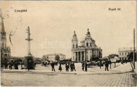 1915 Cegléd, Árpád tér, piac, villanybódé (?), A Czeglédi Közlöny kiadóhivatala, Fedák Sári reklám poszter, M. kir. dohány nagy és különlegességi áruk üzlete