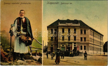 Kaposvár, Somogyi népviselet, juhászbojtár, Széchenyi tér, M. kir. pénzügyigazgatóság, húscsarnok, Kuttner Leó és Hagelman Károly üzlete. Gerő Zsigmond kiadása + 'ZÁGRÁB-ÚJDOMBÓVÁR-BUDAPEST 406.' vasúti mozgóposta