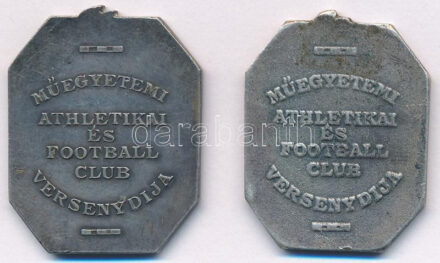 ~1910. 'Műegyetemi Athletikai és Football Club Versenydíja' jelzett Ag díjérem 'Oertel Berlin' gyártói jelzéssel (14,33g/0.800/34x26mm) + ~1940. 'Műegyetemi Athletikai és Football Club Versenydíja' öntött, ezüstözött bronz díjérem