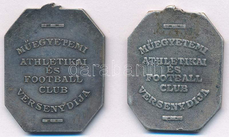 ~1910. 'Műegyetemi Athletikai és Football Club Versenydíja' jelzett Ag díjérem 'Oertel Berlin' gyártói jelzéssel (14,33g/0.800/34x26mm) + ~1940. 'Műegyetemi Athletikai és Football Club Versenydíja' öntött, ezüstözött bronz díjérem