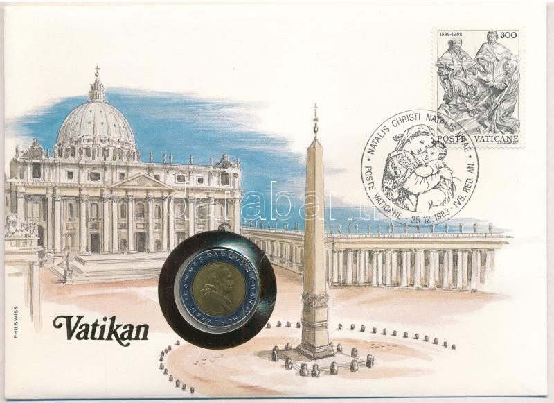 Vatikán 1982. 500L bimetál 'II. János Pál' felbélyegzett borítékban, bélyegzéssel, német nyelvű tájékoztatóval T:1 Vatican City 1982. 500 Lire bimetallic 'John Paul II' in envelope with stamp, cancellation and a prospectus in german