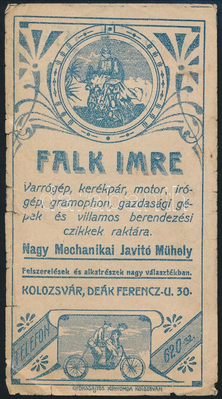 Falk Imre villamos berendezési cikkek raktára, mechanikai javítóműhely Kolozsvár számolócédula, szakadásokkal
