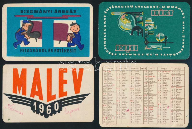 1960-1967 4 db kártyanaptár (MALÉV, Bizományi Áruház, stb.)