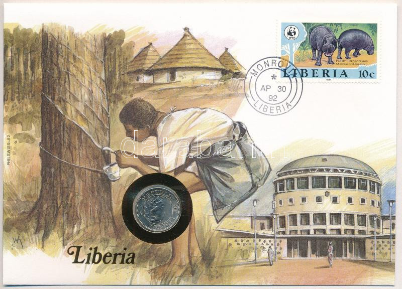 Libéria 1977. 5c Cu-Ni felbélyegzett borítékban, bélyegzéssel, német nyelvű leírással T:1 Liberia 1977. 5 Cents Cu-Ni in envelope with stamp and cancellation, with German description C:UNC