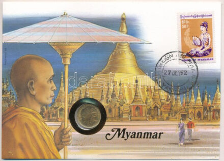 Mianmar 1983. 10p sárgaréz 'FAO' felbélyegzett borítékban, bélyegzéssel, német nyelvű tájékoztatóval T:1 patina Myanmar 1983. 10 Pyas brass 'FAO' in envelope with stamp, cancellation and a prospectus in german C:UNC patina