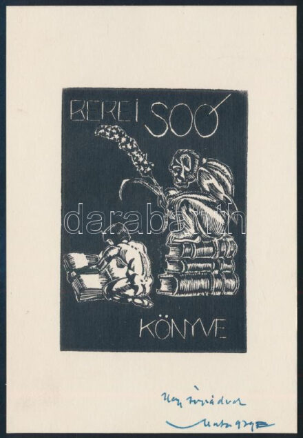 Szoboszlai Mata János (1907-1944): Ex libris berei Sóo Rezső. Linómetszet, papír, dedikált. 15x11 cm