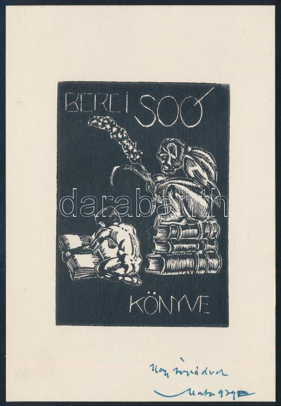 Szoboszlai Mata János (1907-1944): Ex libris berei Sóo Rezső. Linómetszet, papír, dedikált. 15x11 cm