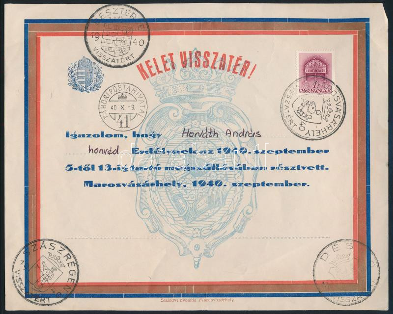 1940 Marosvásárhely, 'Kelet visszatér!' - Erdély megszállásáról szóló igazolás