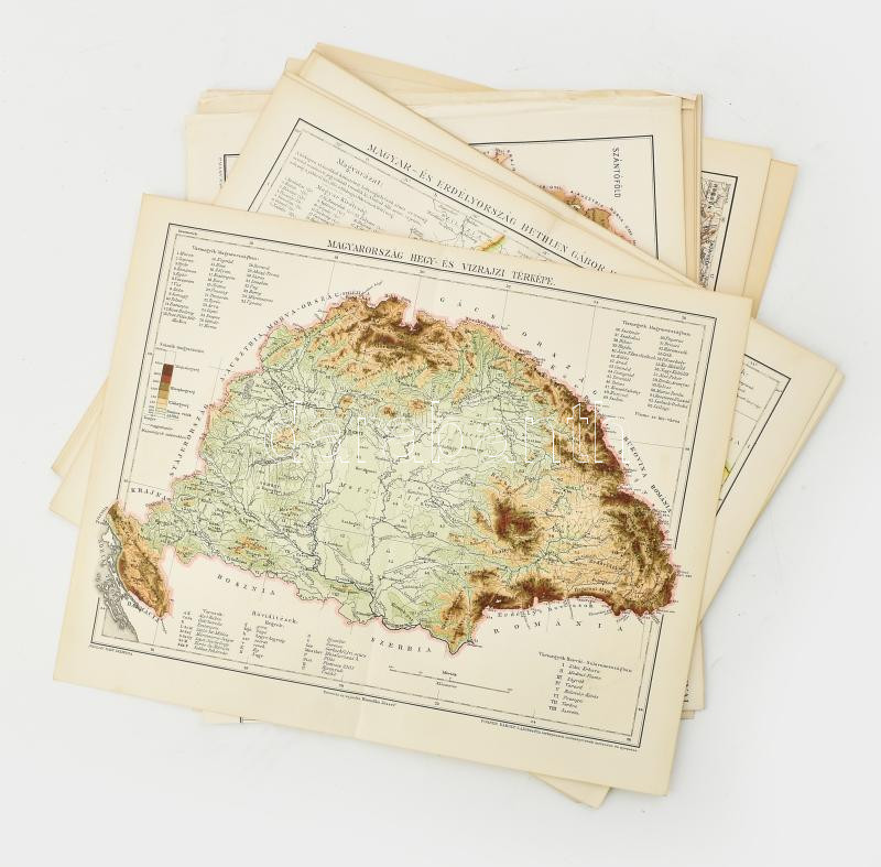 cca 1895 14 db Magyarország térkép (vasúti térkép, Osztrák-Magyar Monarchia, Magyarország a honfoglalás végén, földtan, stb.), a Pallas Nagy Lexikonából, 24x30 cm.