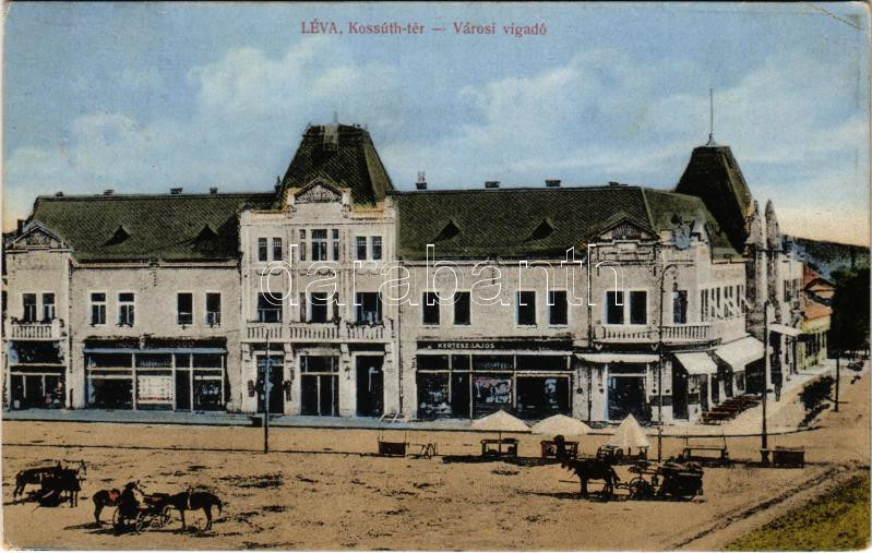 1917 Léva, Levice; Kossuth tér, Városi vigadó, üres piac, Kertész Lajos és Holzmann Bódog üzlete. Schulcz Ignác kiadása / square, redoute, shops, empty market (EK)