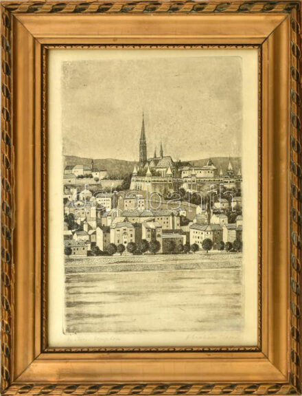 Ábrahám Rafael (1929-2014): Mátáys-templom. Rézkarc, papír. Jelzett. Üvegezett, dekoratív fakeretben. 28x19,5 cm