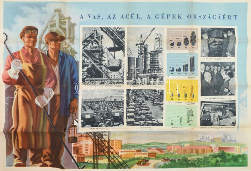 cca 1950 A vas, az acél, a gépek országáért, propagandaplakát, szakadásokkal, 58×80 cm