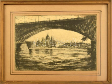 Jelzés nélkül: Budapesti panoráma, előtérben a Margit híddal, háttérben a Parlament. Rézkarc, papír. Sérült. Üvegezett fakeretben. 23,5x34 cm