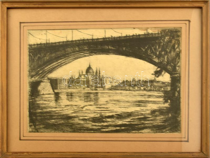 Jelzés nélkül: Budapesti panoráma, előtérben a Margit híddal, háttérben a Parlament. Rézkarc, papír. Sérült. Üvegezett fakeretben. 23,5x34 cm