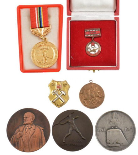 7db klf magyar és külföldi jelvény, emlékérem, tokos is, közte ~1930-1940. 'Leventeverseny' bronz díjérem gravírozva + Svájc 1947. '100 éves a svájci vasút' ezüstözött bronz emlékérem (55mm) T:1.2
