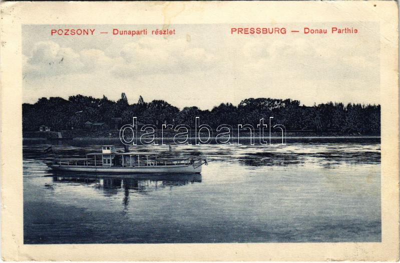 Pozsony, Pressburg, Bratislava; Dunapart, 'POZSONY' átjkelőhajó / Danube riverside / Donau, shuttle boat (EB)
