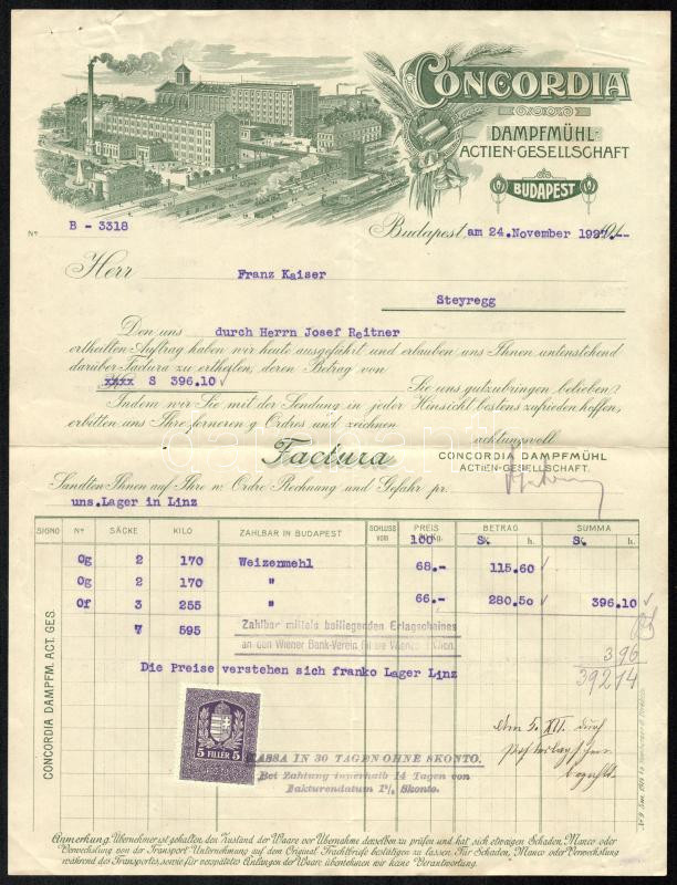 1927 Bp., Concordia Dampfmühl Actien-Gesellschaft fejléces számla, rajta a gyár látképe