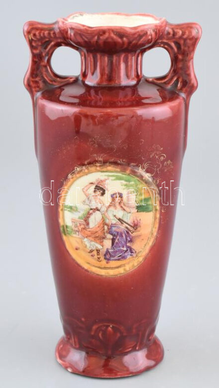 Cseh mitológiai jelenetes fajansz váza, kopott, jelzés nélkül, m: 19 cm