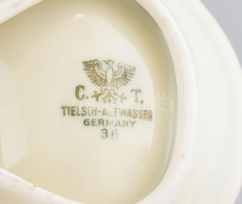 Német só- és borstartó, matricás porcelán, jelzett, kopott, d: 12 cm - Image 2