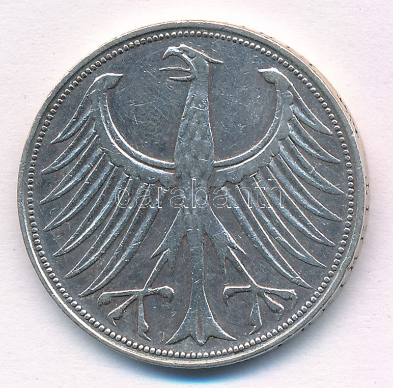 Német Szövetségi Köztársaság 1951D 5M Ag T:2 kis ph FRG 1951D 5 Mark Ag C:XF small edge error Krause KM# 112.1