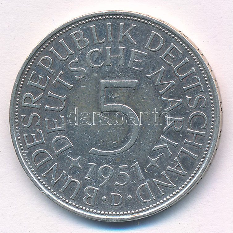 Német Szövetségi Köztársaság 1951D 5M Ag T:2 kis ph FRG 1951D 5 Mark Ag C:XF small edge error Krause KM# 112.1 - Image 2