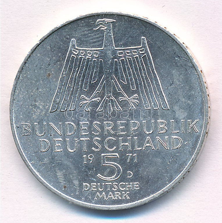 Német Szövetségi Köztársaság 1971D 5M Ag 'Albrecht Dürer születésének 500. évfordulója' T:1-,2 kis karc FRG 1971D 5 Mark Ag '500th Anniversary - Birth of Albrecht Dürer' C:AU,XF small scratch Krause KM#129 - Image 2