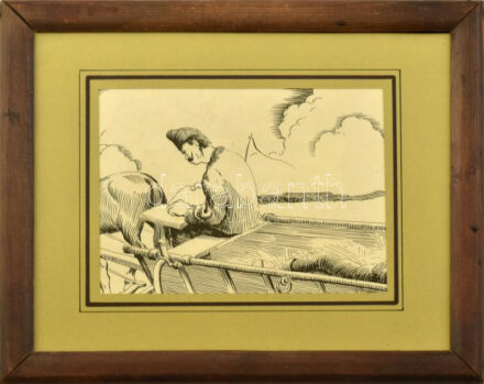 Pánczél Béla (1900-1966): Szekéren olvasó kocsis. Tus, papír, jelzés nélkül. Üvegezett fakeretben, 14,5x19,5 cm