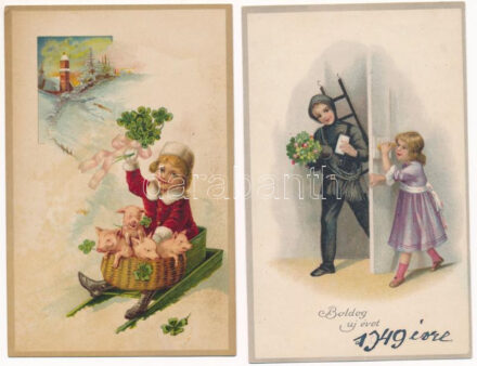 2 db RÉGI újévi litho üdvözlő képeslap / 2 pre-1945 New Year litho greeting postcards